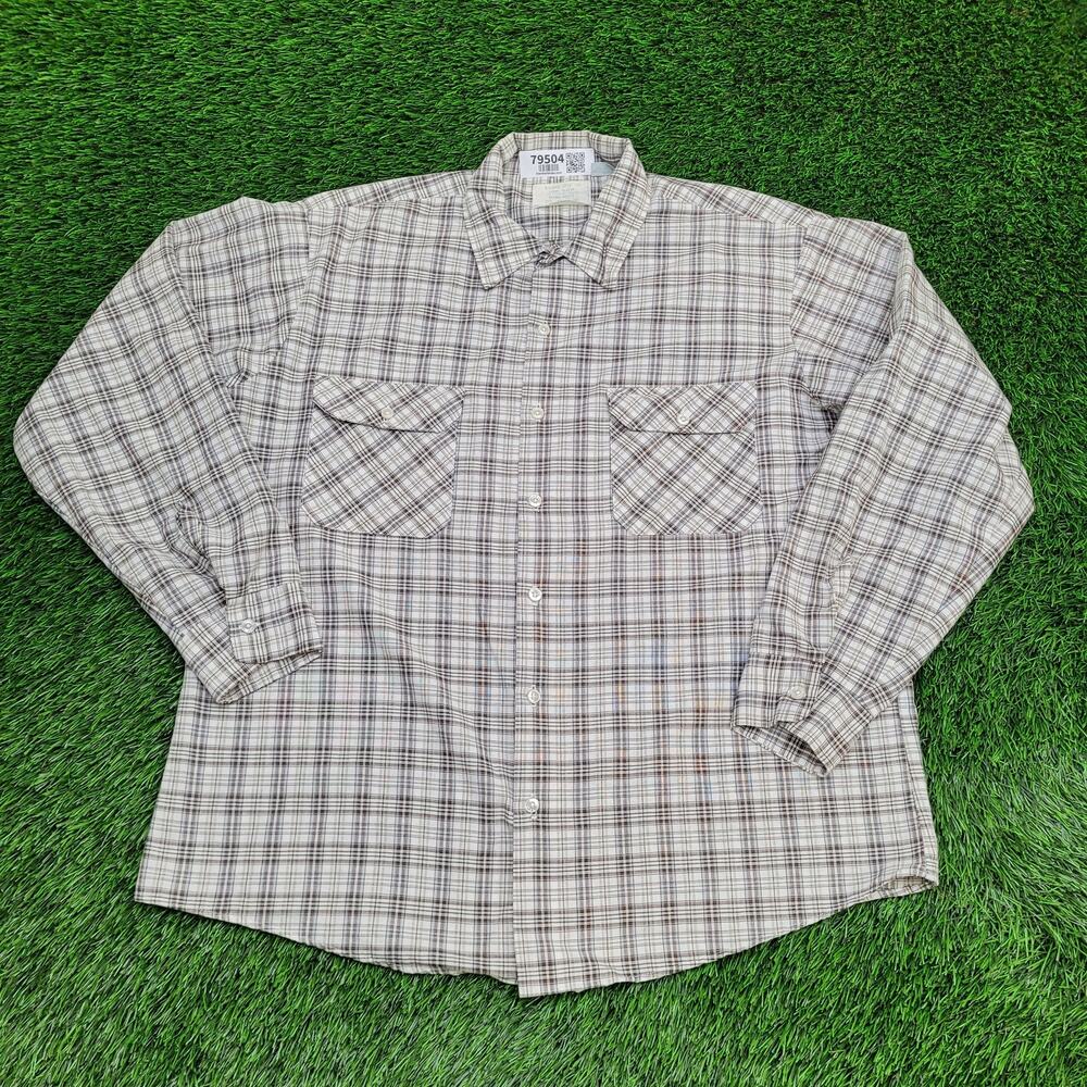 VTG 80s Western Plaid Shirt XL 17 Perma-Prest Beige Brown White USA
